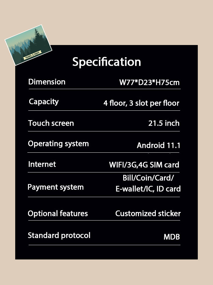 the specification of weimi automated postcard dispenser. our machine support for customized sticker and optional slot size
