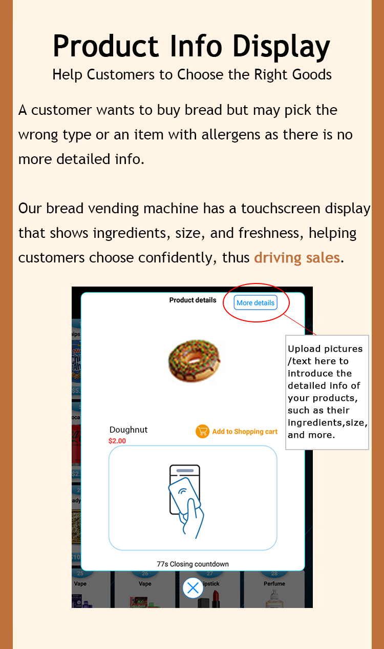 Weimi cake vending machine with 21.5 inch touchscreen, it's available for displaying product info to help customers to choose the right goods
