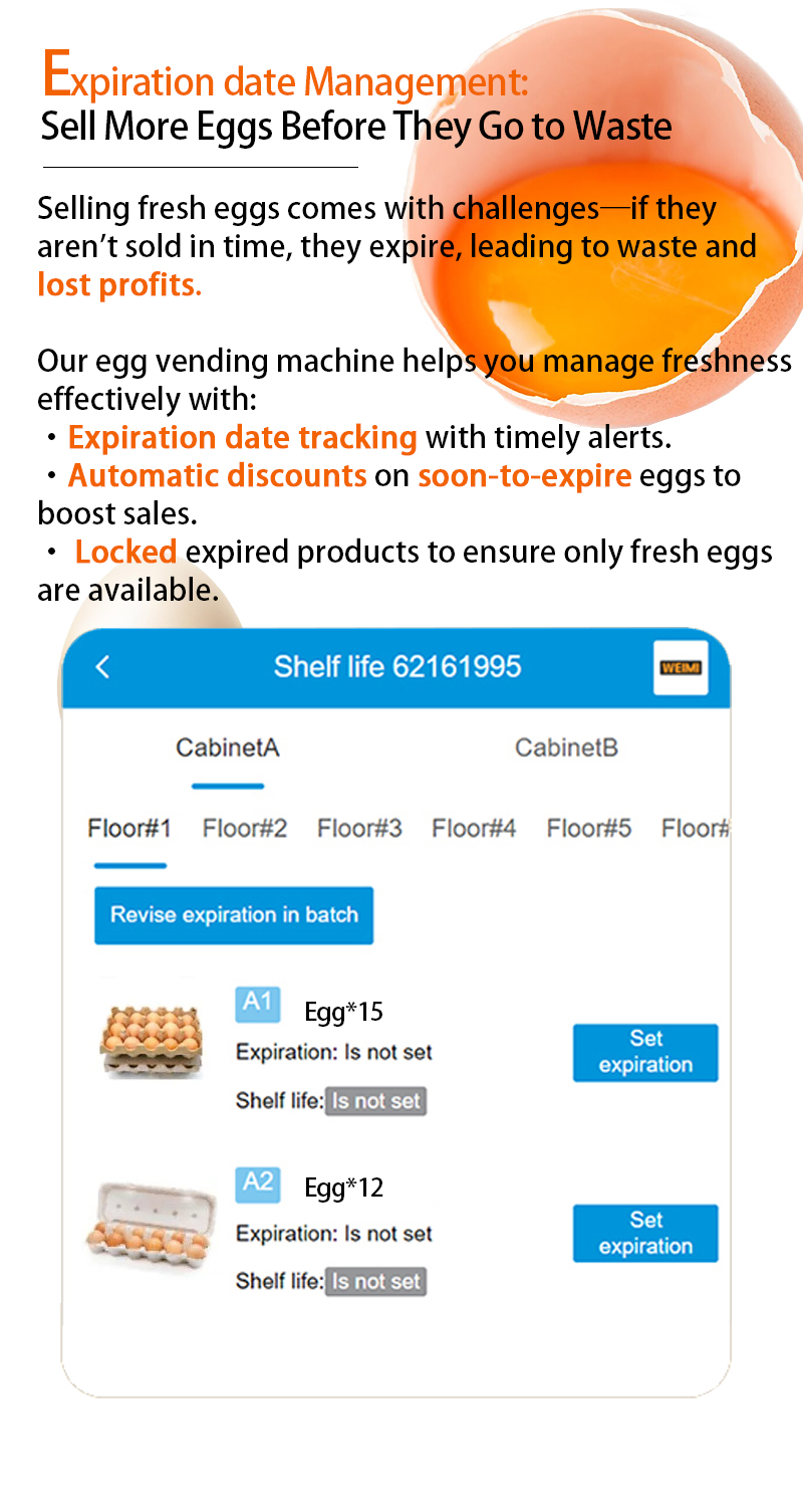 Weimi vending machine for eggs with expiration date management. our vending machine can help retailers manage freshness