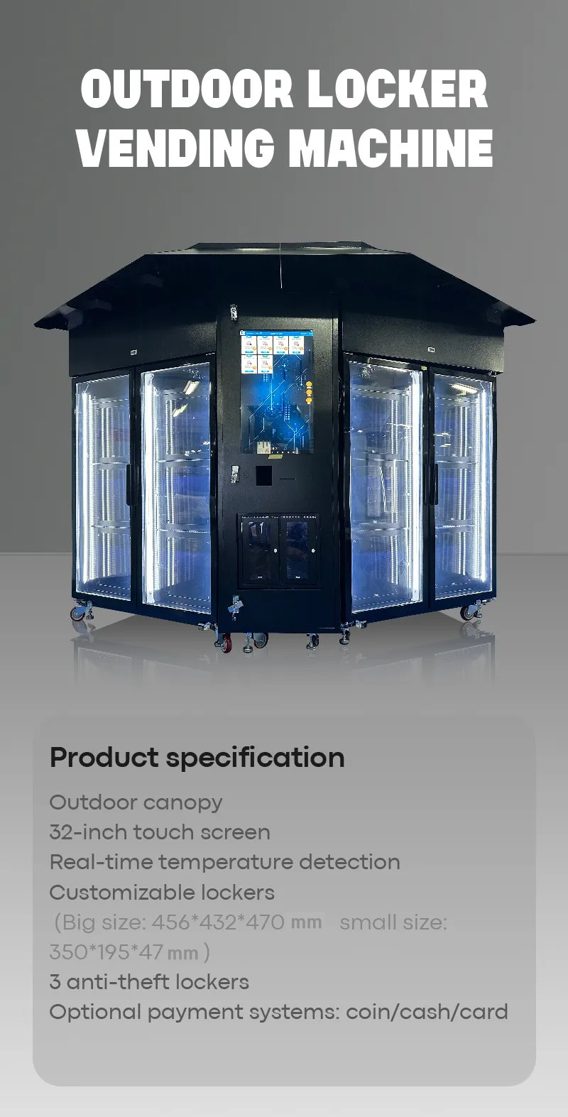 The specification of Big capacity 2 in 1 fresh flower vending liosk with custom locker and touchscreen.