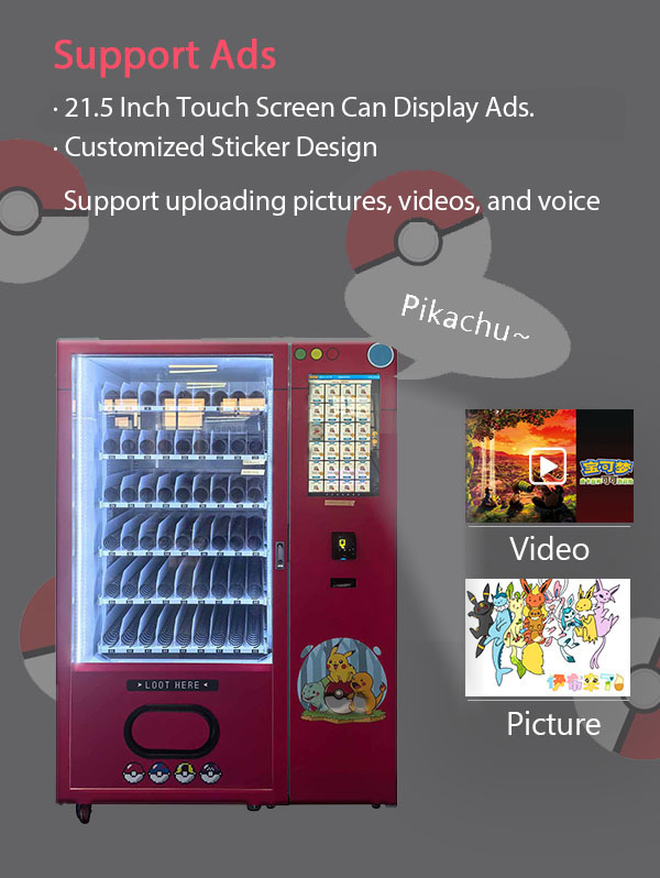 weimi pokemon tcg vending machine support ads. 21.5 inch touchscreen can display ads, and we support customized sticker design.