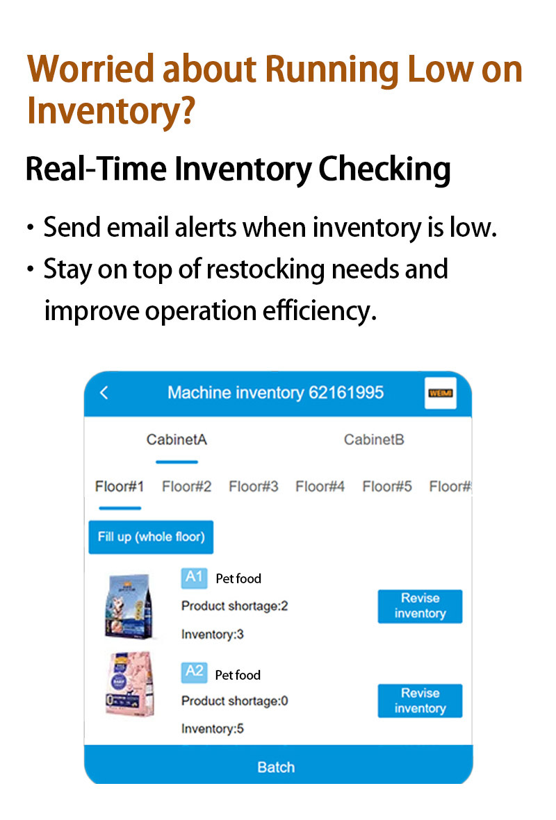 Weimi dog food supply vending machine with smart operating system for remotely checking inventory levels
