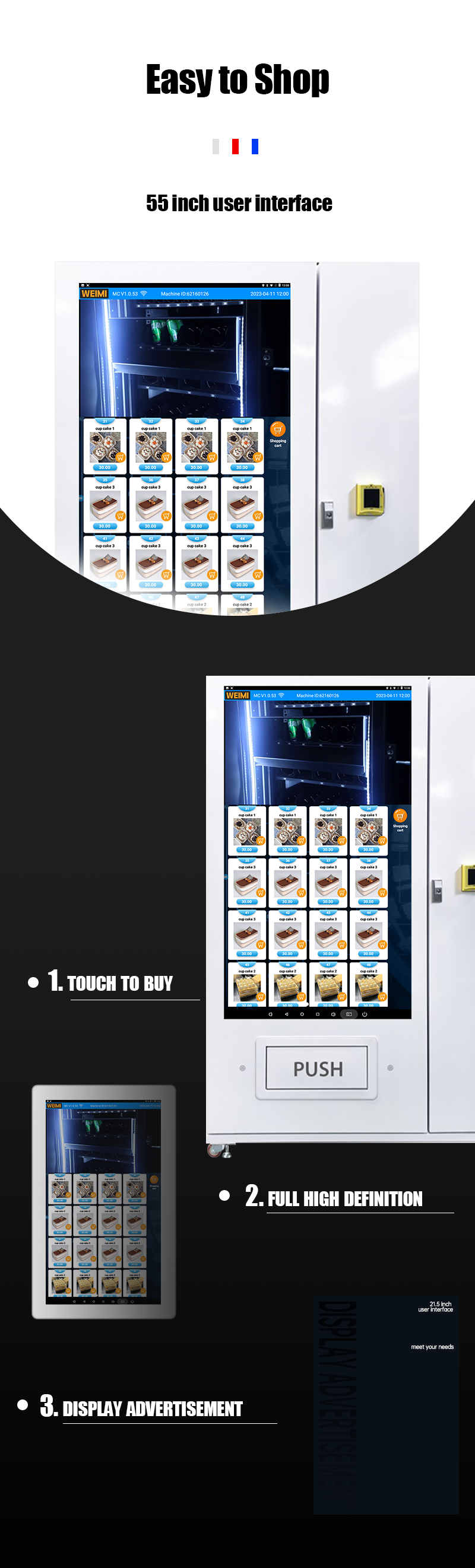 Full touchscreen vending machine for snack drink and beverage is easy to shop