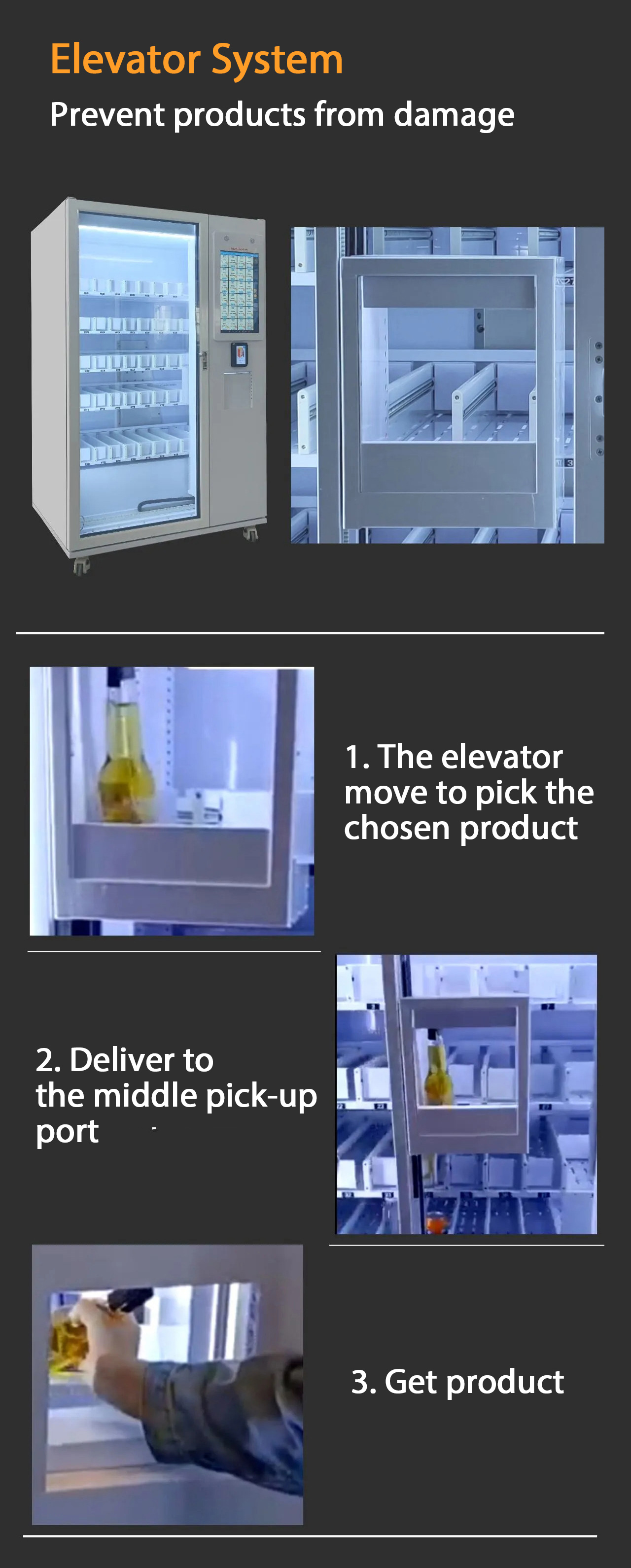 beer vending machine with elevator delivery beer safely.easy shopping steps. this function can make sure the fragile items can avoid of damage. simple shopping steps make customers have a smooth experience