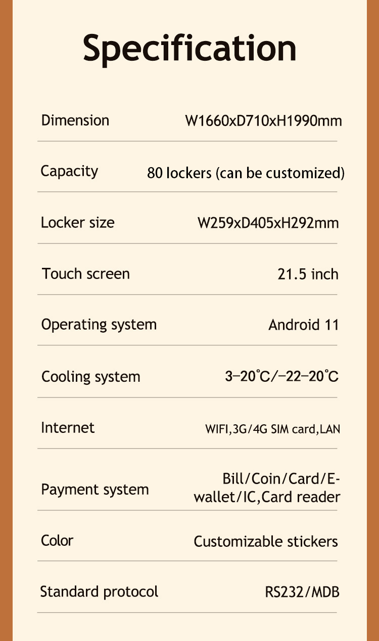 the specification of Weimi fresh meat vending machine with card reader and cooling system.