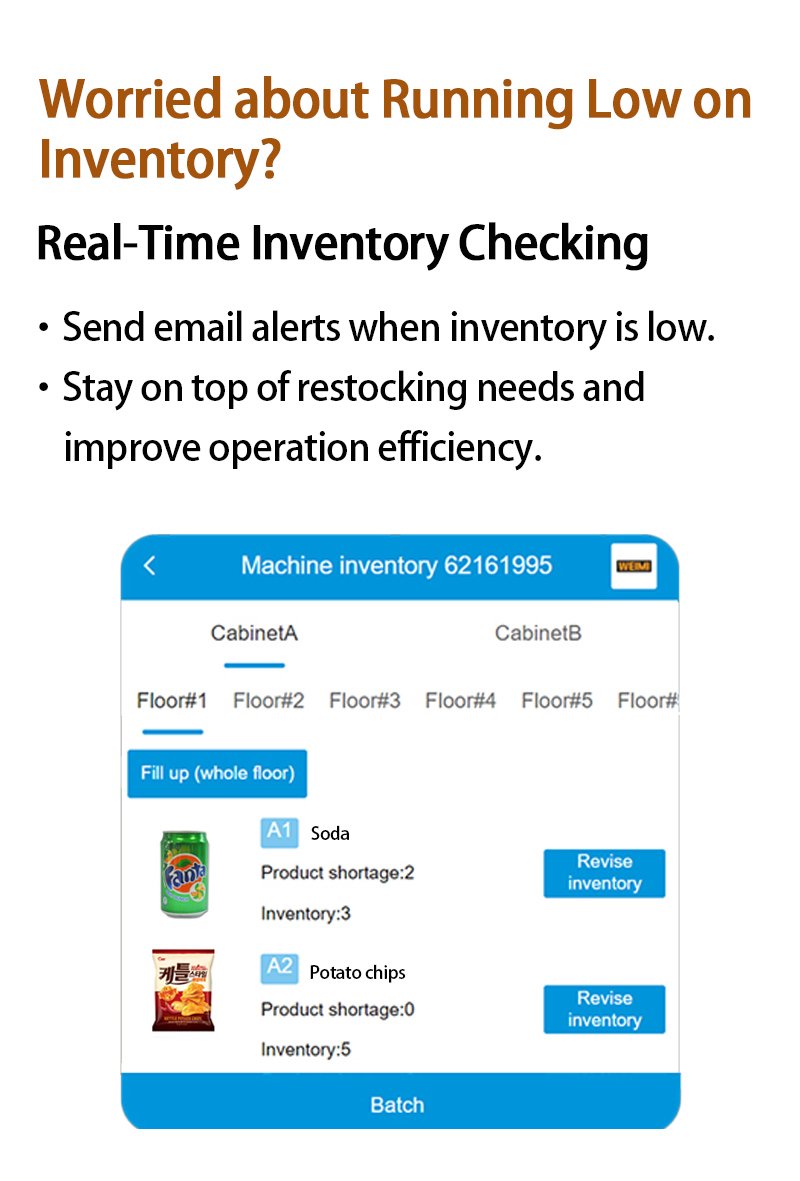 Weimi large touch screen vending machine with real-time inventory tracking to stay on top of restocking needs and improve operation efficiency