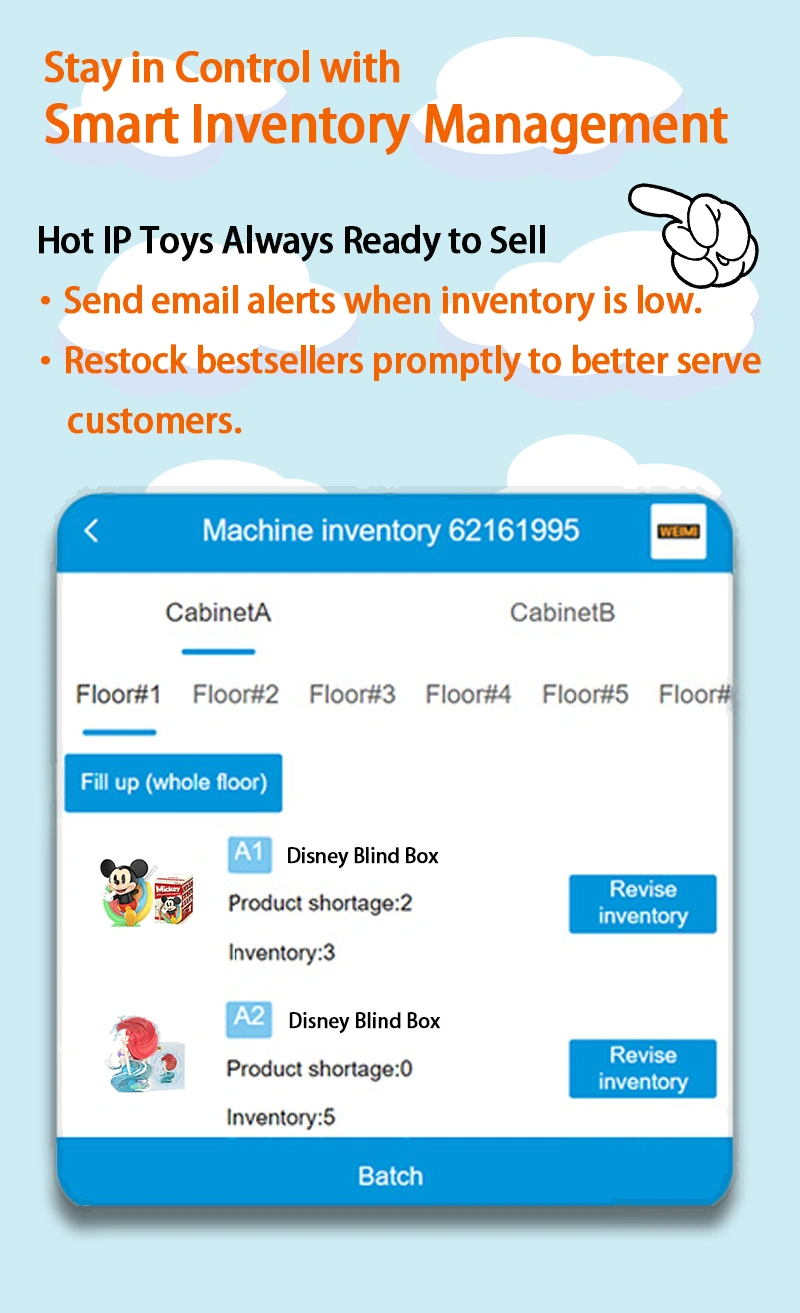 Weimi IP toy vending machine for Disney Themed Toys, with inventory management to make sure than hot toys are ready to sell.