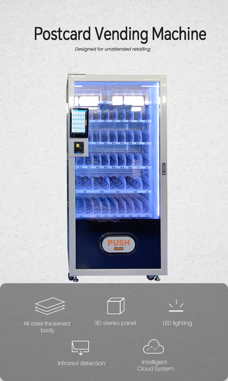 Automatic Postcard Vending Machine with 10 inch Touchscreen for souvenirs postcard gifts,it supports 24/7 hour service. Modern design full of technology, making convenience and intelligence at your fingertips.v