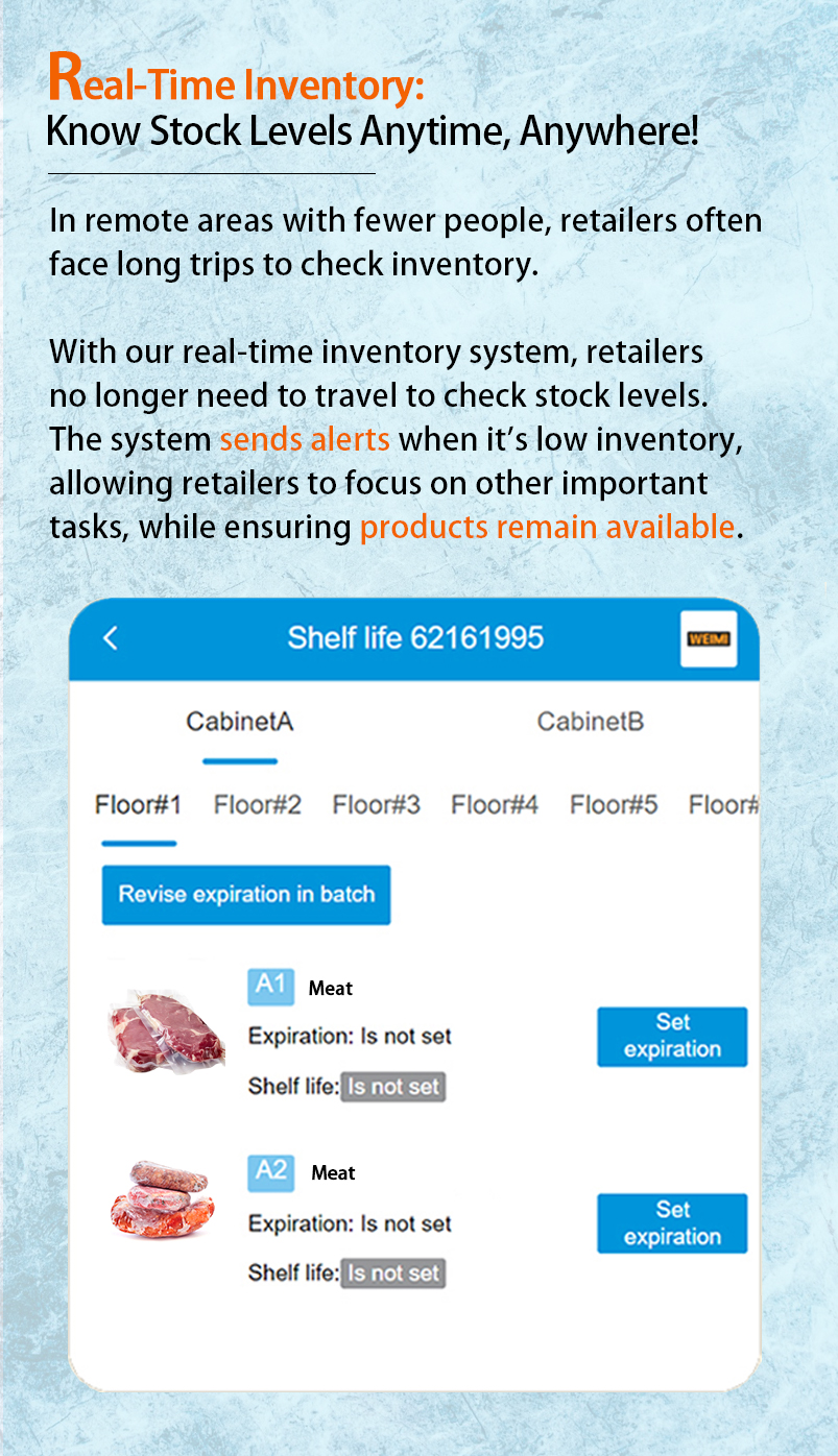 Weimi frozen food machine with real-time inventory for knowing stock levels anytime, anywhere. with our real-time inventory system, retailers no longer need to travel to check stock retailers. the system send alerts when it's low inventory, allowing retailer to focus on other important tasks, while ensuring products available.