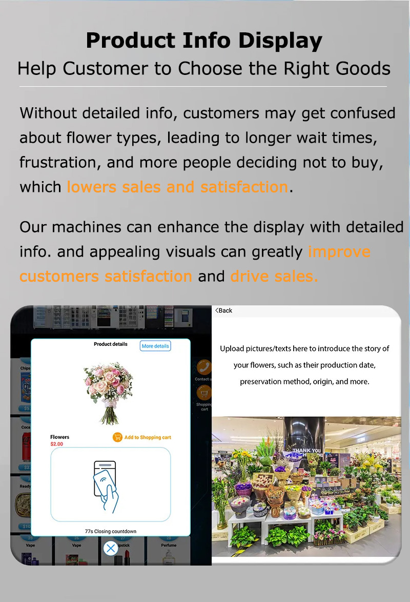 Weimi vending machine for flowers with the function of product info display. clear displaying of products will satisfy customers, reducing the refund and boost sales
