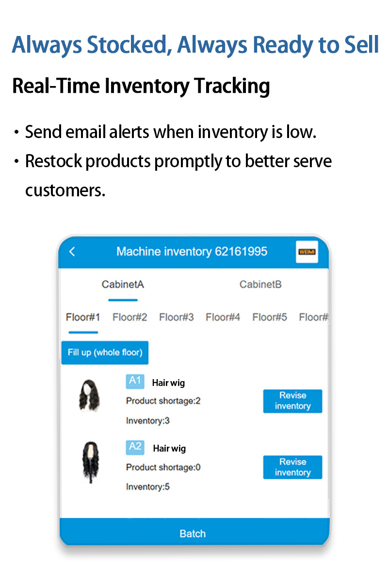 Weimi hair extension vending machine for barber shop. retailers can remotely check inventory levels via smart phones to make sure the stock is always available