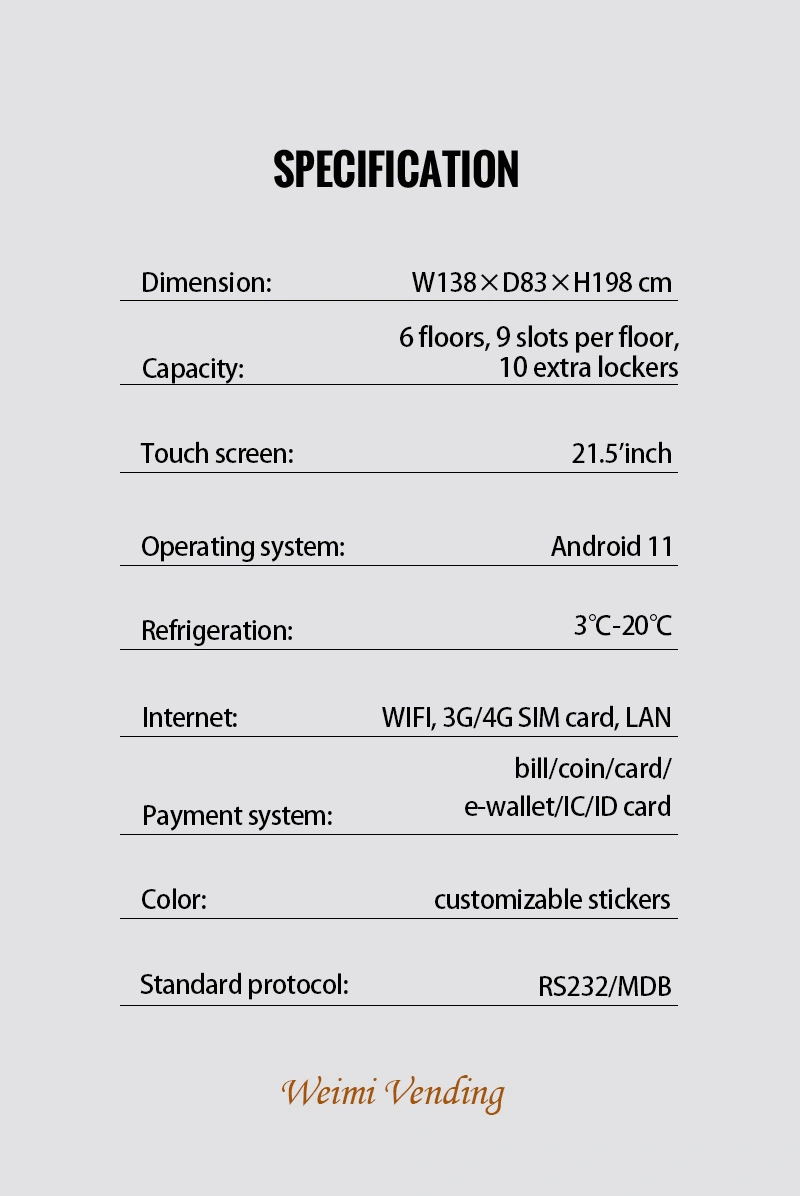 the specification of weiimi pet food vending machine for sale
