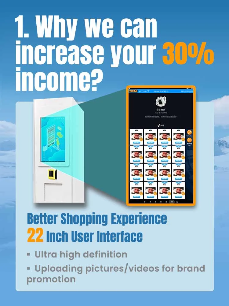 Why we can increase your 30% income? Our weimi frozen food vending machine with 22 inch user interface for ultra high definition, retailers can upload pictures/ videos for propaganda