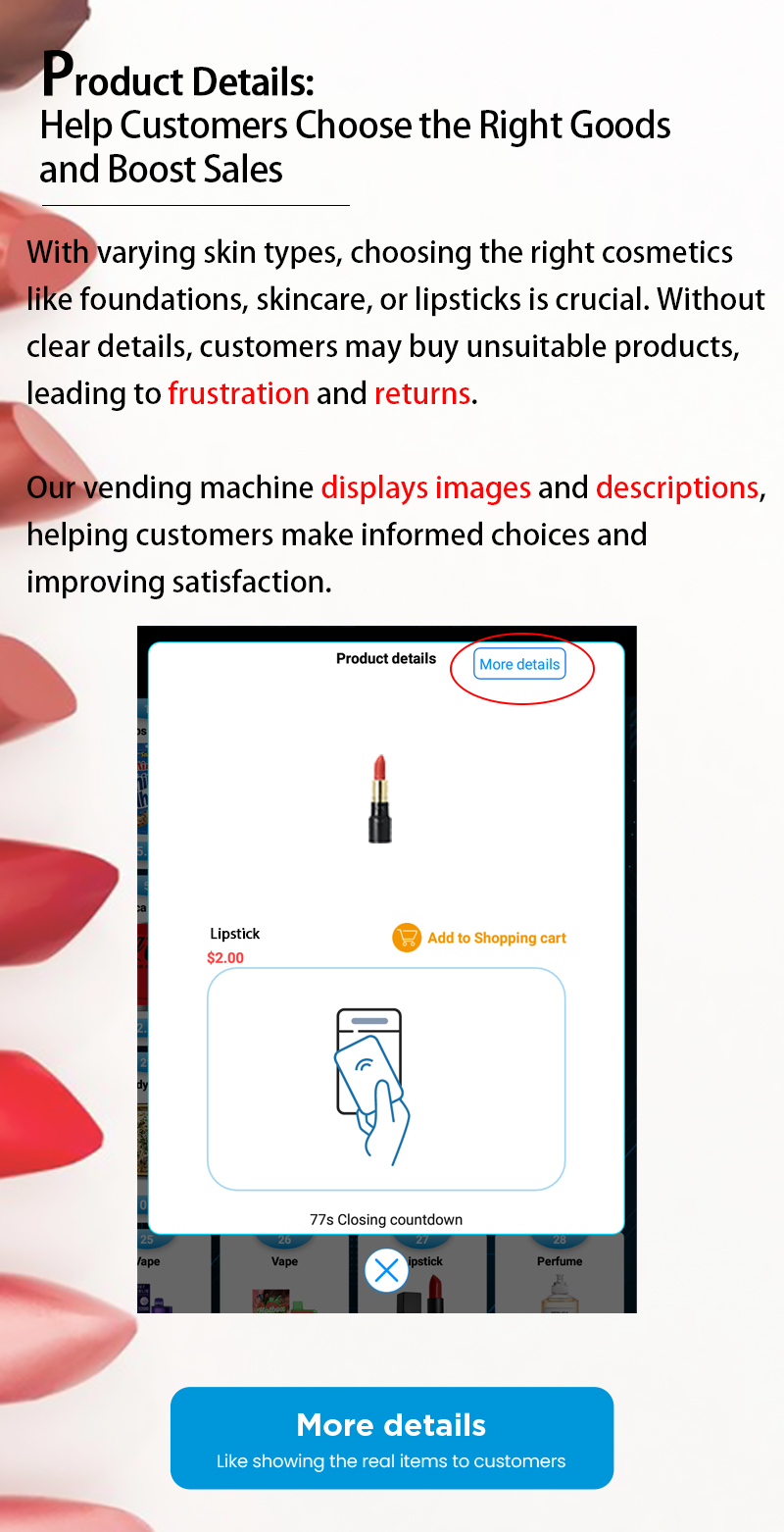 Weimi eyelash vending machine with products details to help customers choose the right goods and boost sales