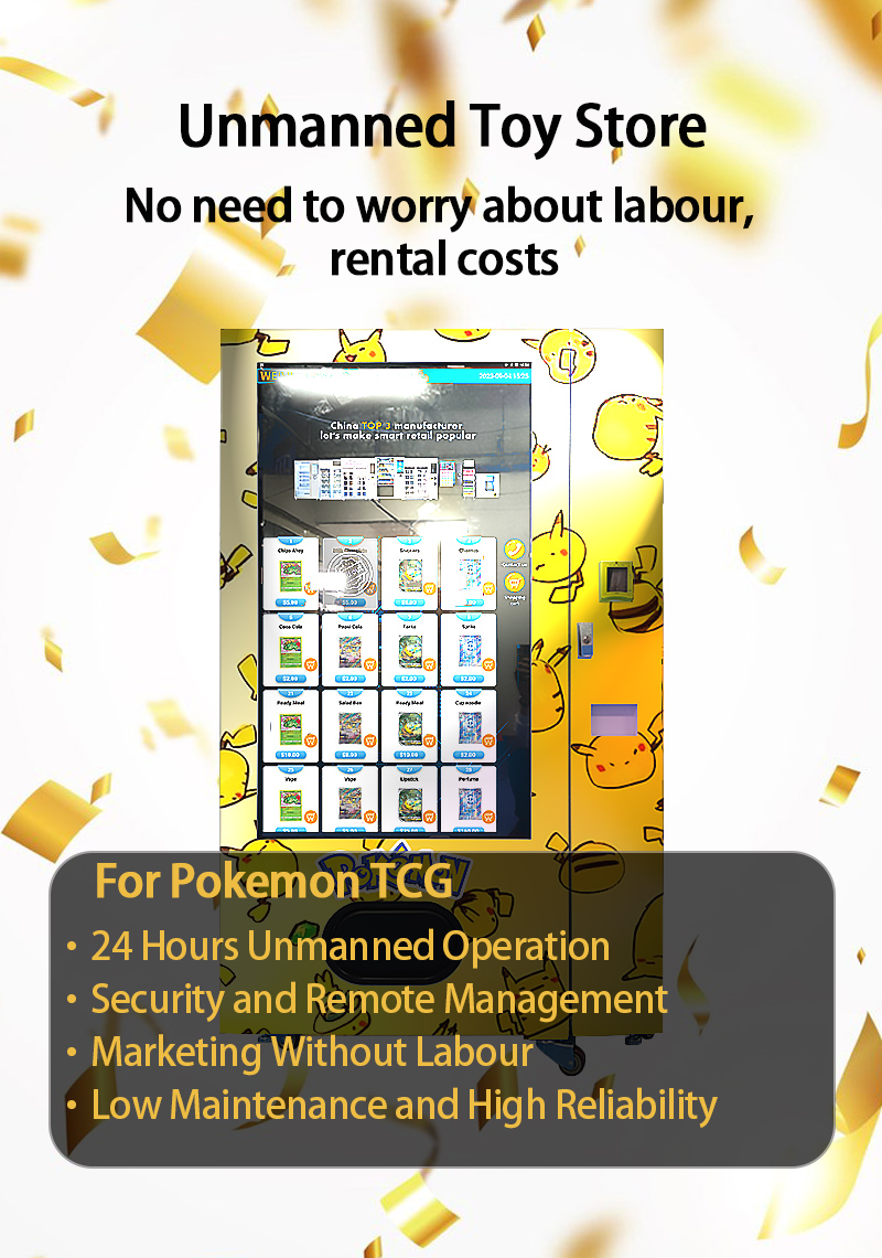 Unmanned Toy Store Pokémon TCG Dispenser with Full Touch Screen Smart System for 24/7 Operation. 55‘inch touchscreen for interactive shopping experience and brand promotion’
