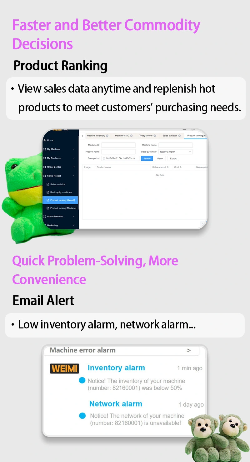 Weimi large capacity vending machine with smart management system help retailers make faster and better commodity decisions. retailers can view sales data anytime and replenish hot products to meet customers' purchasing needs. email alert when anomaly with the vending machine