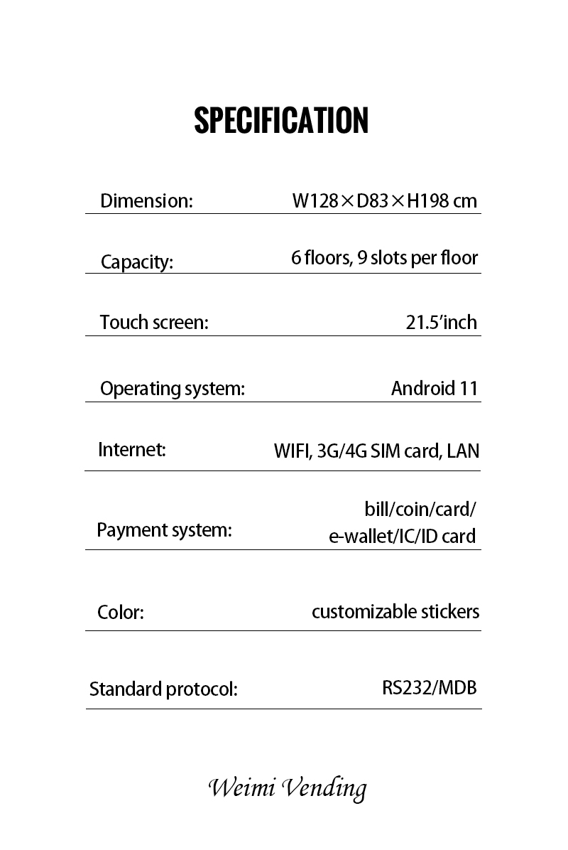 the specification of weimi tea bag vending machine for office and workplace. our machine has 22'inch touchscreen for brand promotion