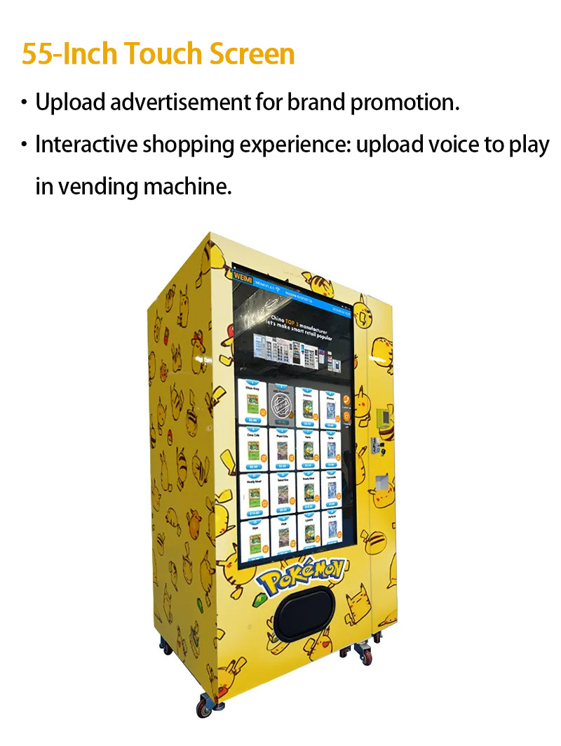 pokemon vending machine with 55 inch touchscreen. retailers can upload advertisement for brand promotion and the interactive shopping experience can attract more customers