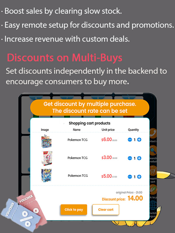 weimi pokemon center vending machine with discounts on multiple buys on products. retailers can set discounts independently in the backend to encourage customers to buy more
