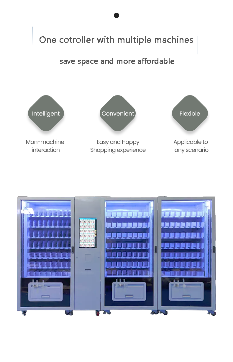 24/7 self-service e-commerce combo 3 in 1 vending machine selling snack drink with 4g Internet one controller with multiple machines