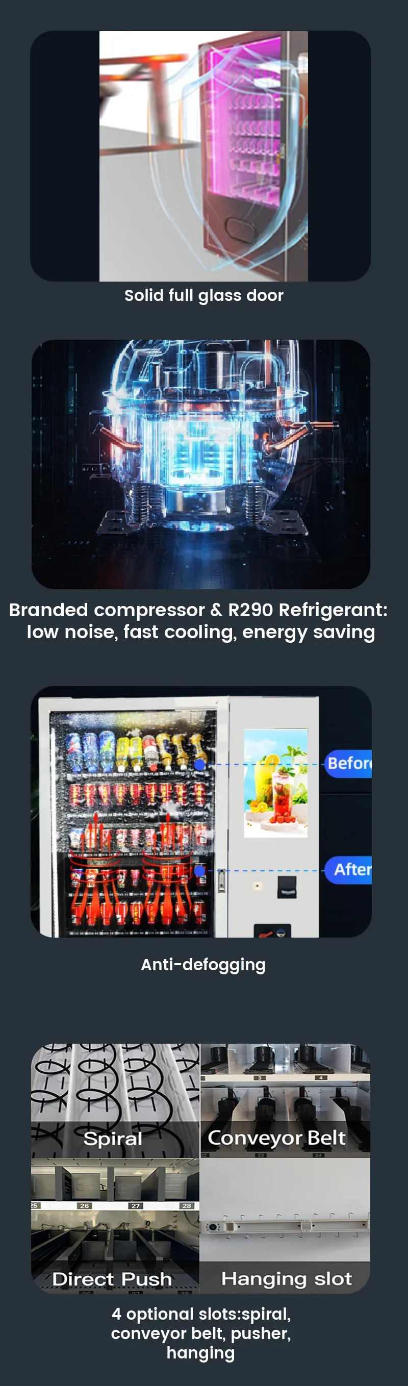 outdoor snack drink vending machine with high quality hardware. solid full glass door for prevention the potential of theft. eco-friendly cooling system