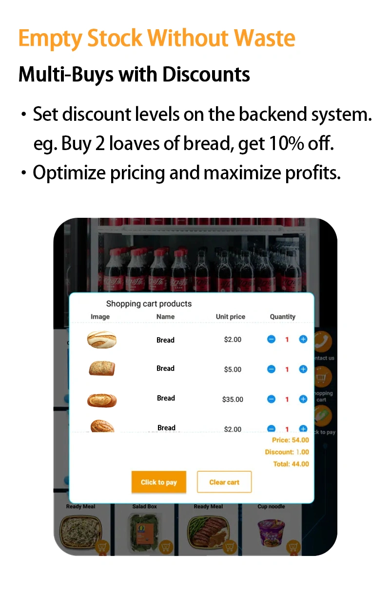 Worry about overstock? Our smart bread vending machine help you empty stock without waste. Multi-buys with discounts, set discounts levels to encourage more purchases