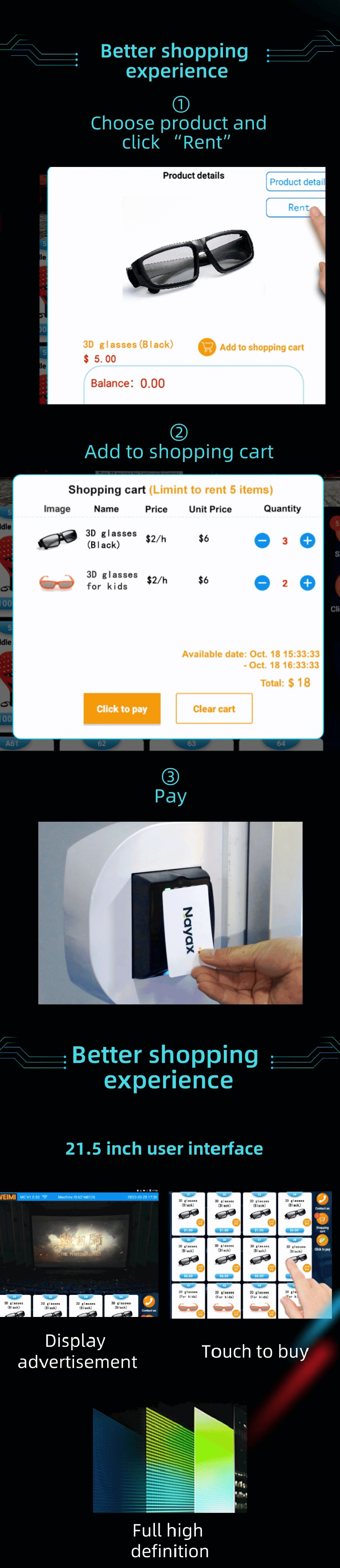 Our 3D glasses rental vending machine has 21.5'inch touchscreen for easy rental, supporting for buying several items at one time