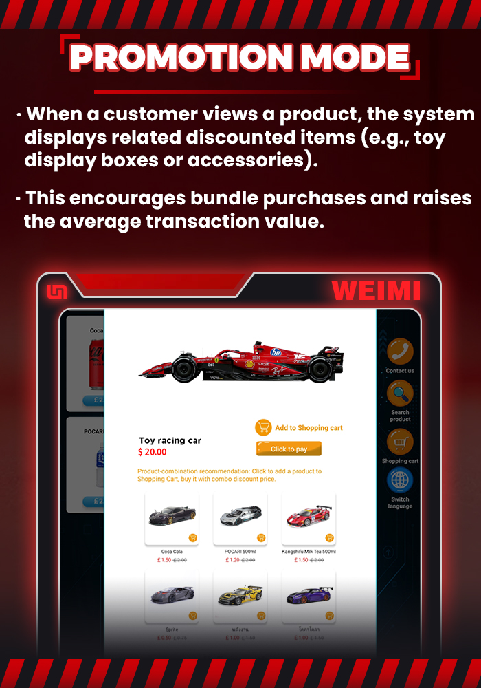 Toy vending machine for selling racing car models with promotion mode to encourage bundle purchases and raises the average transaction value