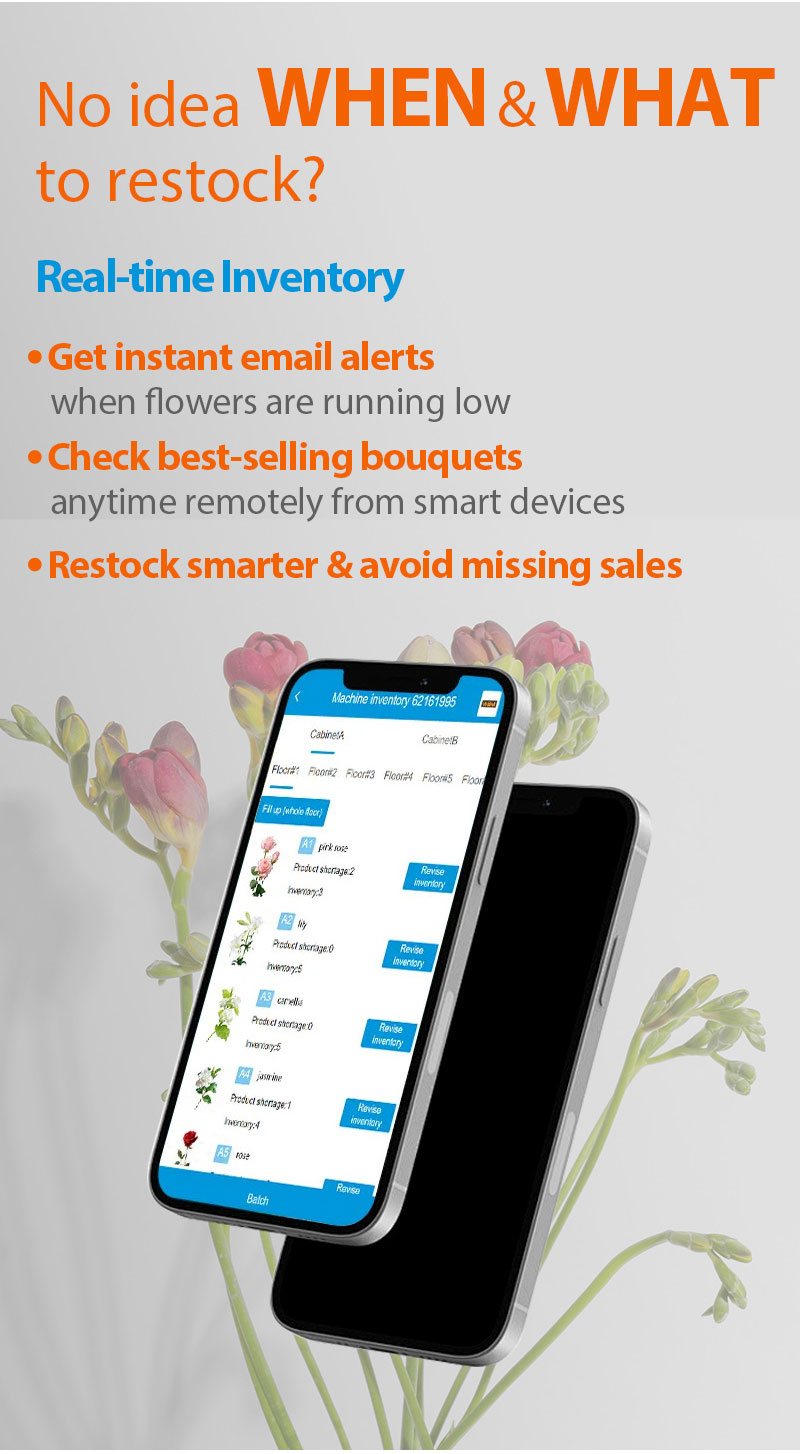 Weimi Smart Single Door Flower Vending Machine with Cooling System for Freshness. real-time inventory for knowing stock levels anytime, anywhere. our system monitors inventory in real time and alerts operators when supplies are running low, ensuring flowers are always available