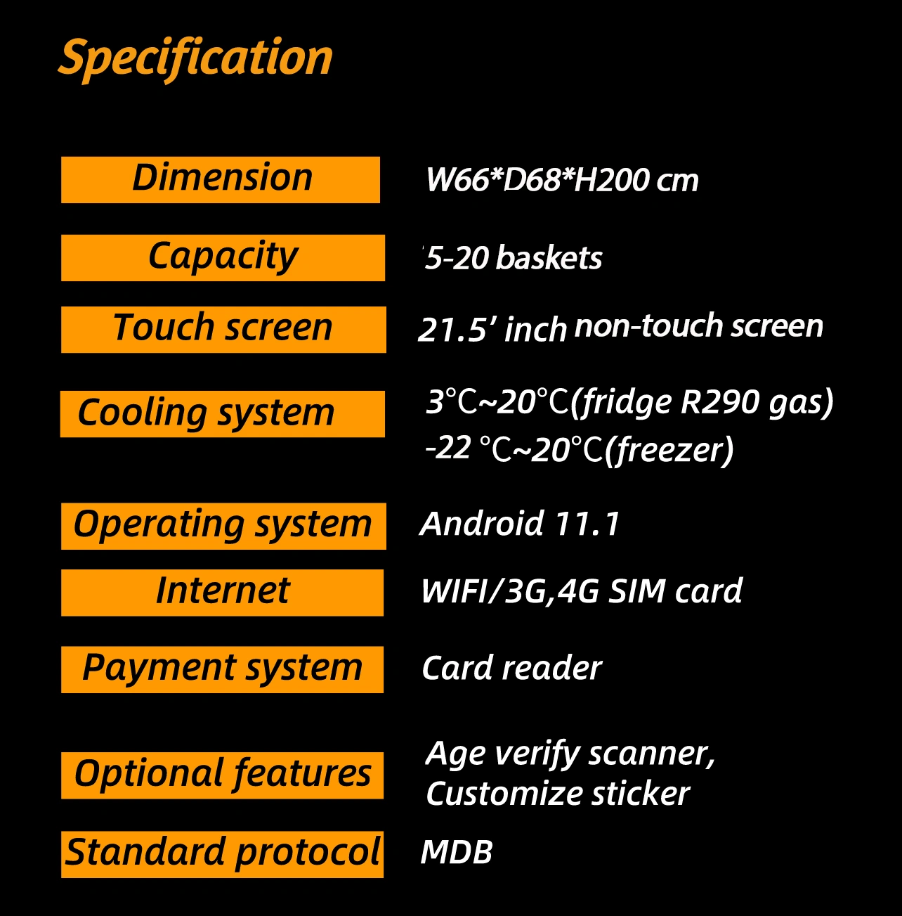 the specification of weimi vending machine for frozen food frozen fish. our machine can be used for selling frozen meat, ice cream...