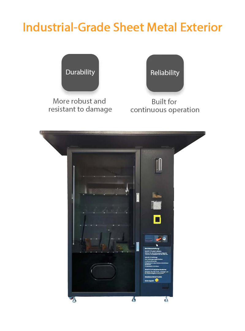 outdoor snack drink vending machine supply vending machine and awning. our machine has industrial grade sheet metal exterior. it's more robust and resistant to damage and built for continuous operation