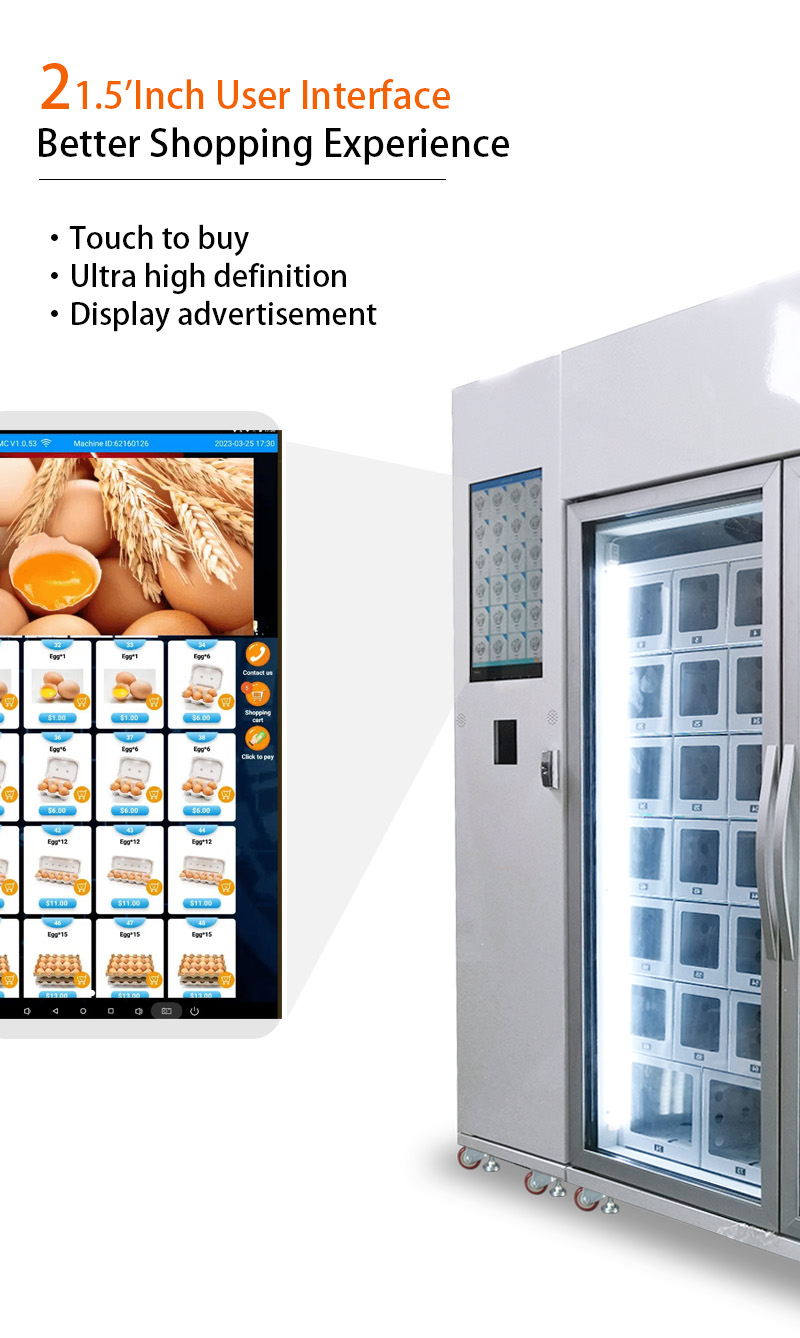 Weimi egg vending machine to USA. our machines are equipped with 21'5 inch touchscreen for better shopping experience. the screen can also used for brand promotion by uploading advertisement