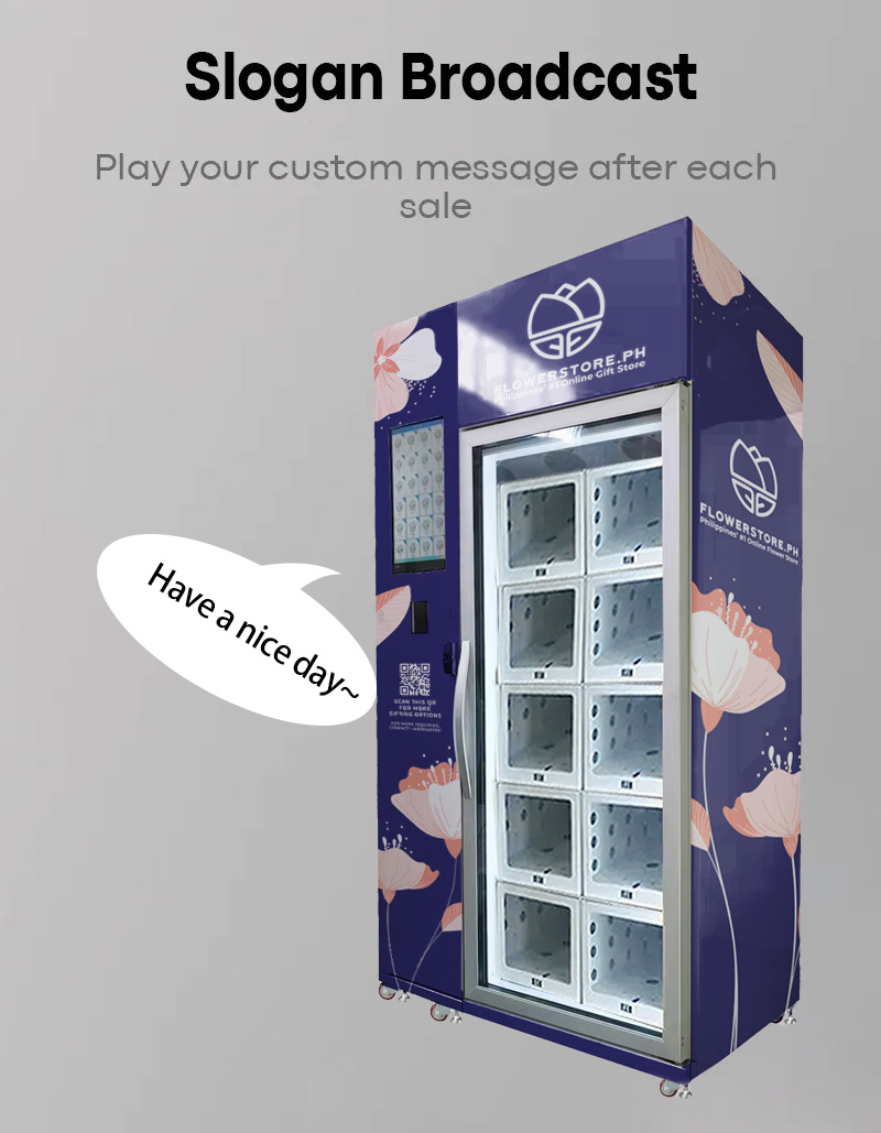 weimi fresh flower vending machine with slogan broadcast for entertaining customers. this function is available for playing your custom message after each sale