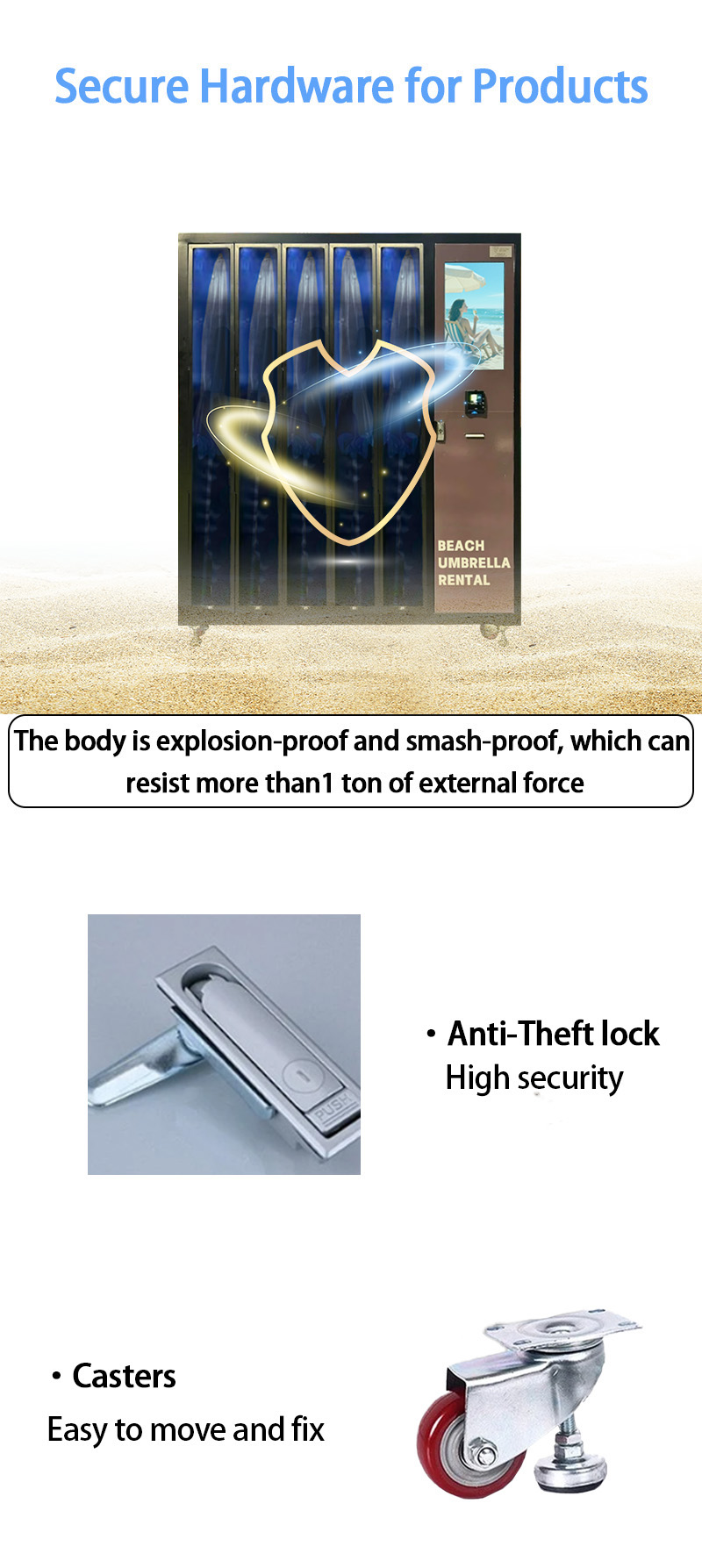 Our weimi sunshade vending machine has secure hardware for products, our machines can make sure that your products are free of stolen