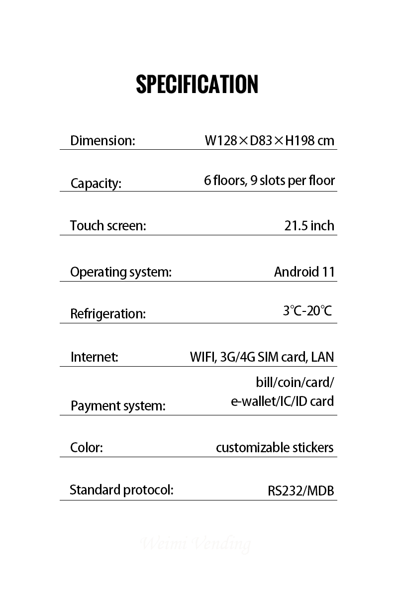 the specification of Weimi customized Candy vending machine for Malaysia with 21.5 inch touchscreen card reader and remote management system