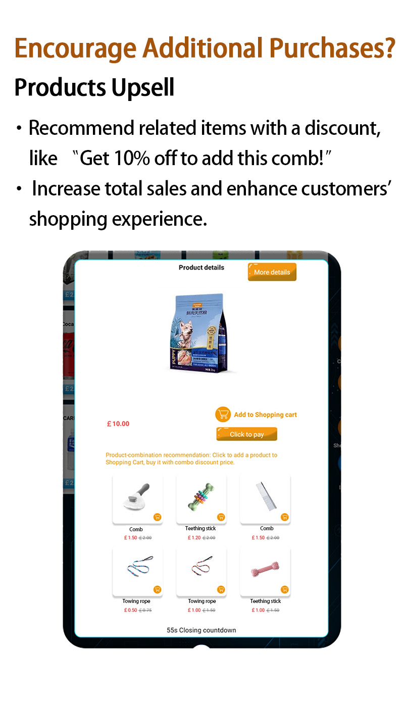 Weimi cat food vending machine with products upsell to recommend related items with a discount, like get 10% off to add this comb