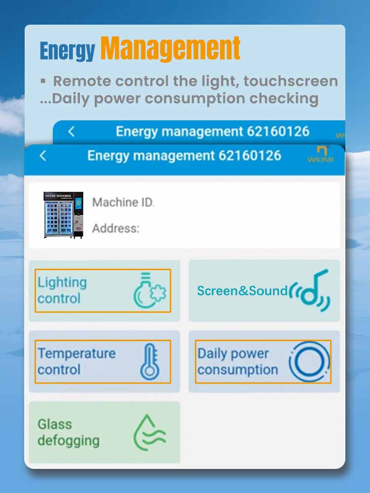 Weimi refrigerator vending machine with energy management for remote control the light, touchscreen