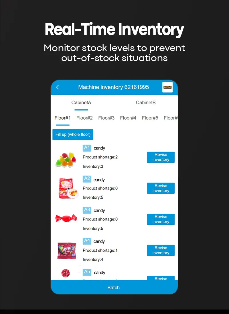 Weimi customized Candy vending machine for Malaysia with 21.5 inch touchscreen card reader and remote management system. real-time inventory for smartly monitor your products stock levels