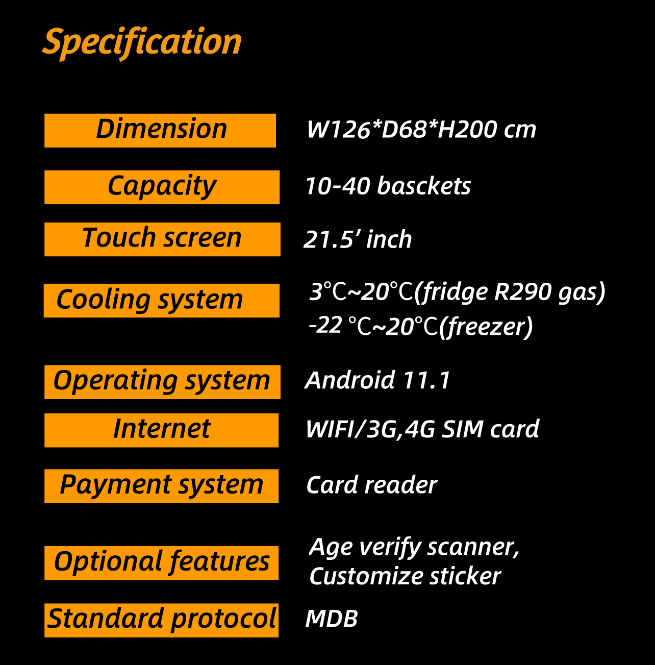 the specification of 24/7 self service healthy fresh food smart fridge vending machine with card reader