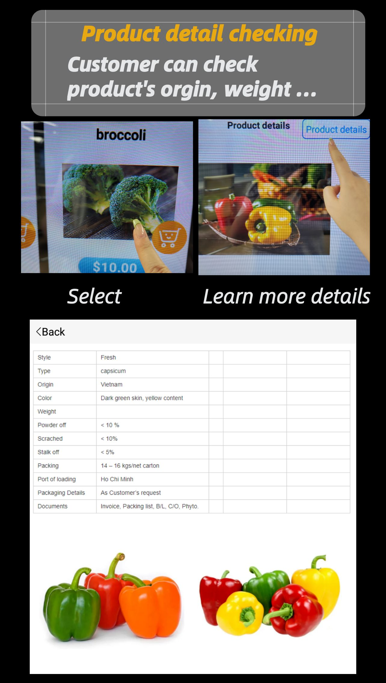 vegetable vending machine with 21.5 inch touch screen, it support to check product details.