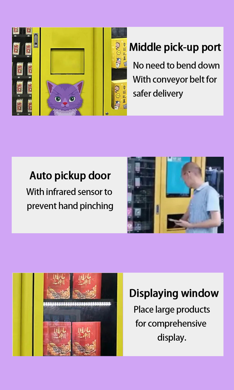 Weimi huge capacity fan merch vending machine with conveyor belt and displaying windows for showing in the shopping mall. our machines have middle pick-up port and it's automated, with infrared sensor to prevent hand pinching