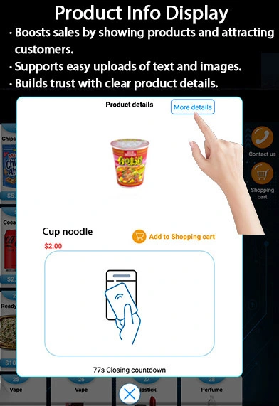 drink vending machine with product info display. customers can check detailed info from the 21.5 inch touch screen to make sure what they really need, building trust with clear products details
