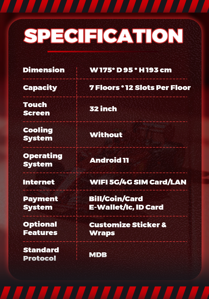 specification of Weimi toy racing car vending machine.