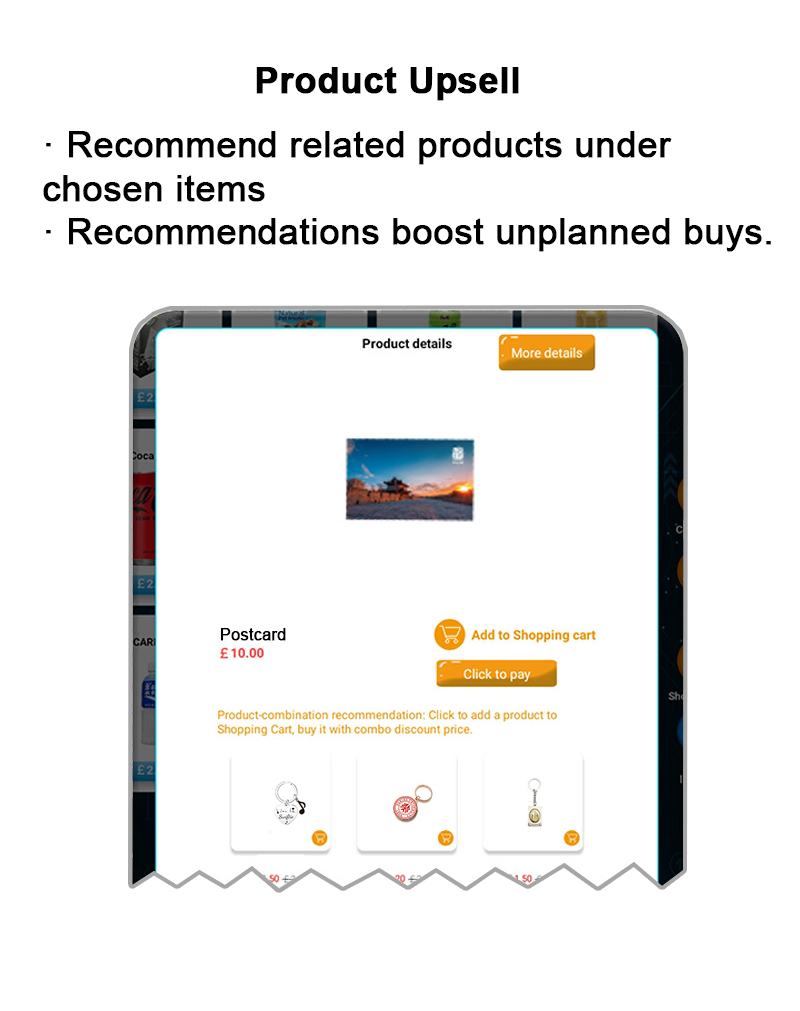 Weimi tourist postcard vending machine with product upsell to recommend related products under chosen items
