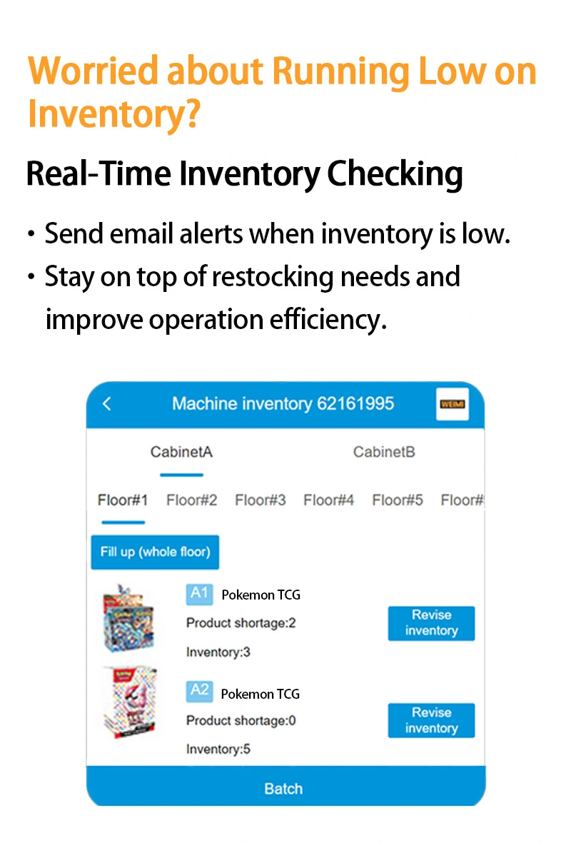 Weimi pokemon vending machine for sale with real-time inventory checking, staying on top of restocking needs and improve operation efficiency