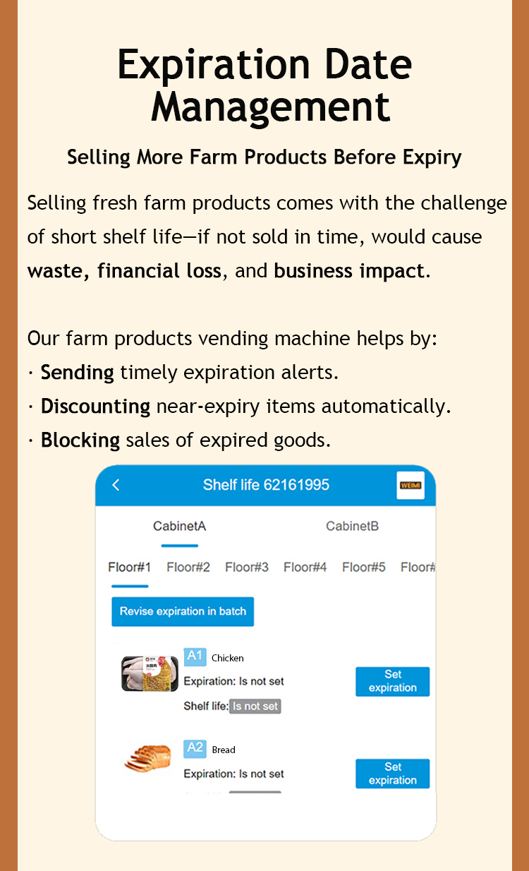 weimi cooling egg vending machine with shelf life management. automatically remove our farm products vending machine helps by: sending timely expiration alerts. discounting near-expiry items automatically and blocking sales of expired goods