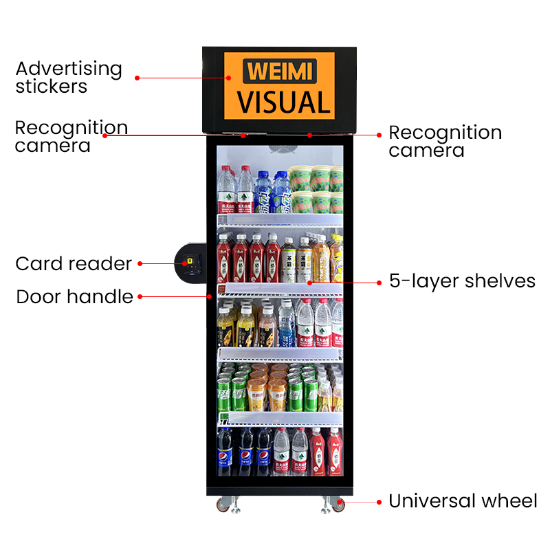 The detailed information of Weimi vending machine. The fridge has two recognition camera. Payment by card reader