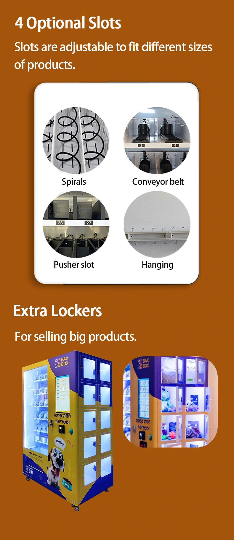 Weimi dog treat vending machine with 4 optional slots. slots are adjustable to fit different sizes of products
