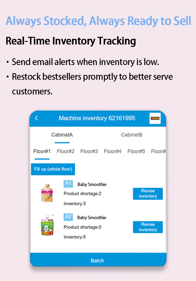 Weimi Baby bottle Bib Baby vending machine with Keyboard and Smart Software System in Shopping Mall. real-time inventory tracking, send email alerts when inventory is low