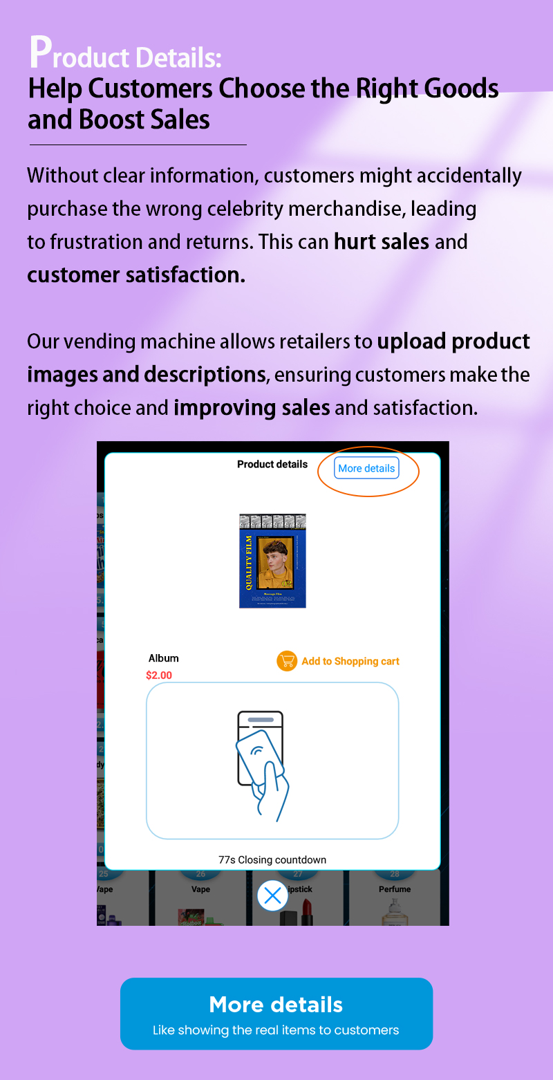 weimi smart vending machine for merchandise with the function of product details to help customers choose the right goods and boost sales. our vending machine allows retailers to upload product images and description, ensuring customer make the right choice and improving sales and satisfaction